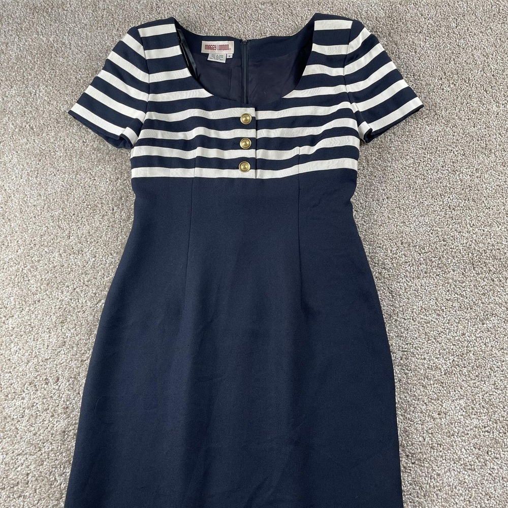 Maggy London Dress Womens 6 Blue Stripe Button Scoop Neck Sheath‎ Midi Nautical